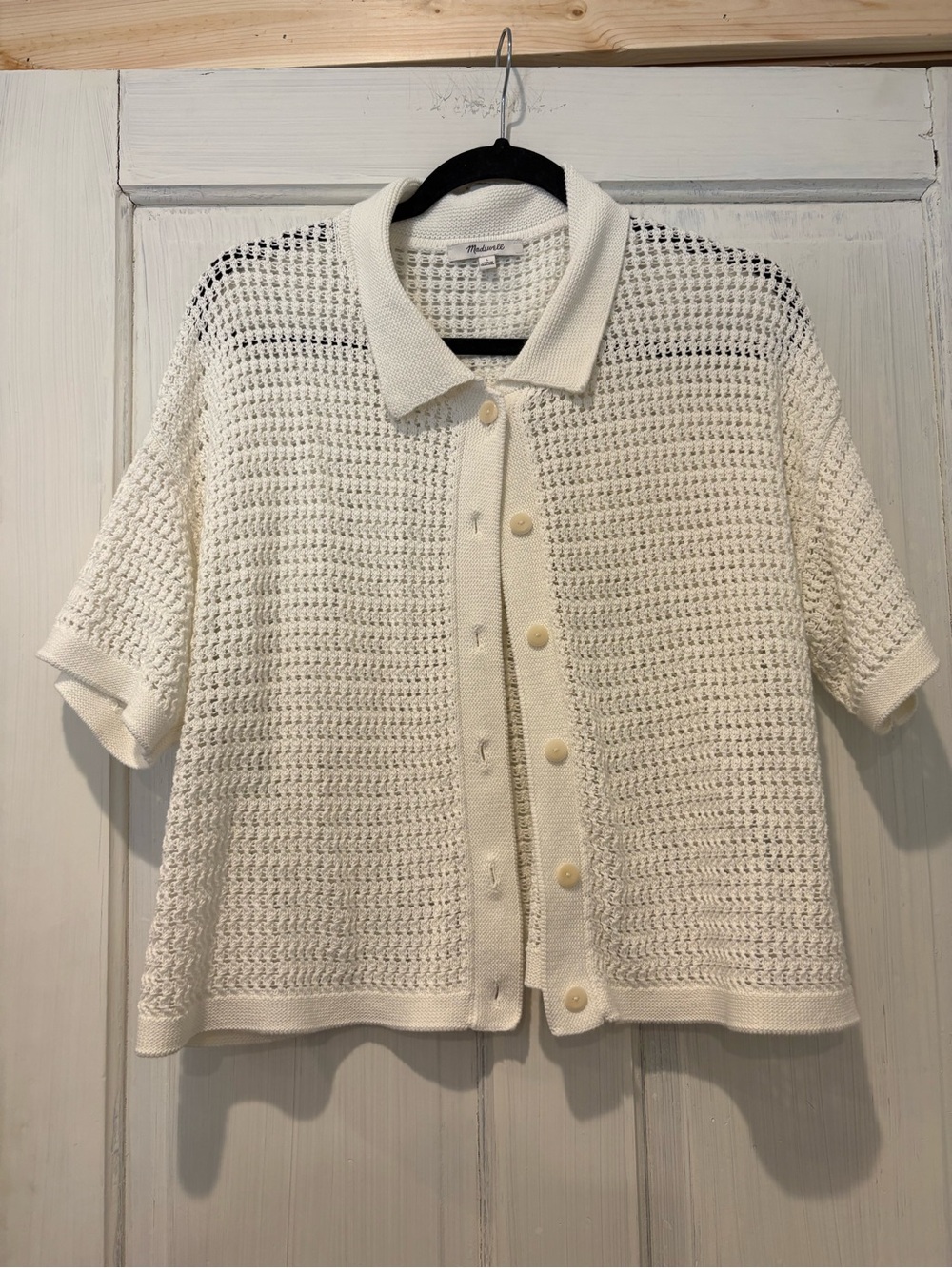 Madewell Cream Crochet Knit Short Sleeve Button-Up Cardigan
